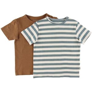 Minymo T-Shirt - 2-Pak - Hvid/grønstribet/toffee - Minymo - 1½ År (86) - T-Shirt