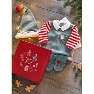 VERTBAUDET Estuche de Navidad unisex para bebé pijama + gorro verde medio liso con motivos
