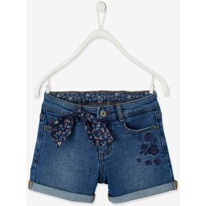 VERTBAUDET Short vaquero bordado con lacito estampado de flores, para niña azul oscuro lavado