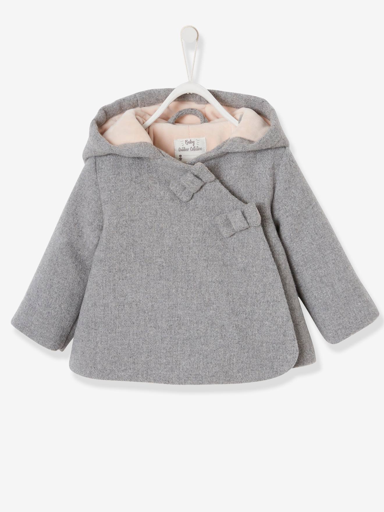 VERTBAUDET Abrigo con capucha para bebé niña de paño de lana forrado y guateado gris claro jaspeado