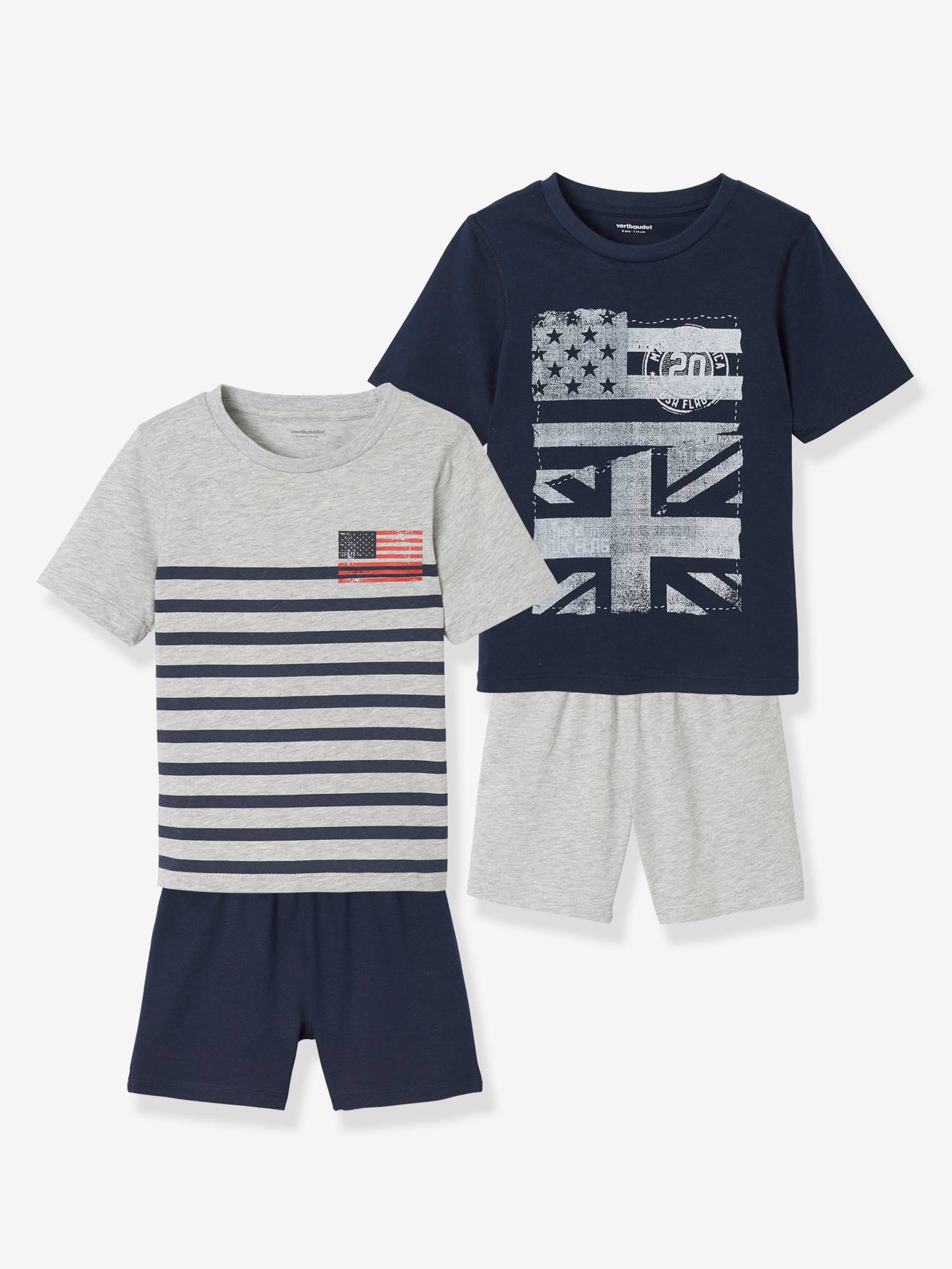 VERTBAUDET Pack de 2 pijamas con short Flags surtidos, para niño azul oscuro bicolor/multicolor