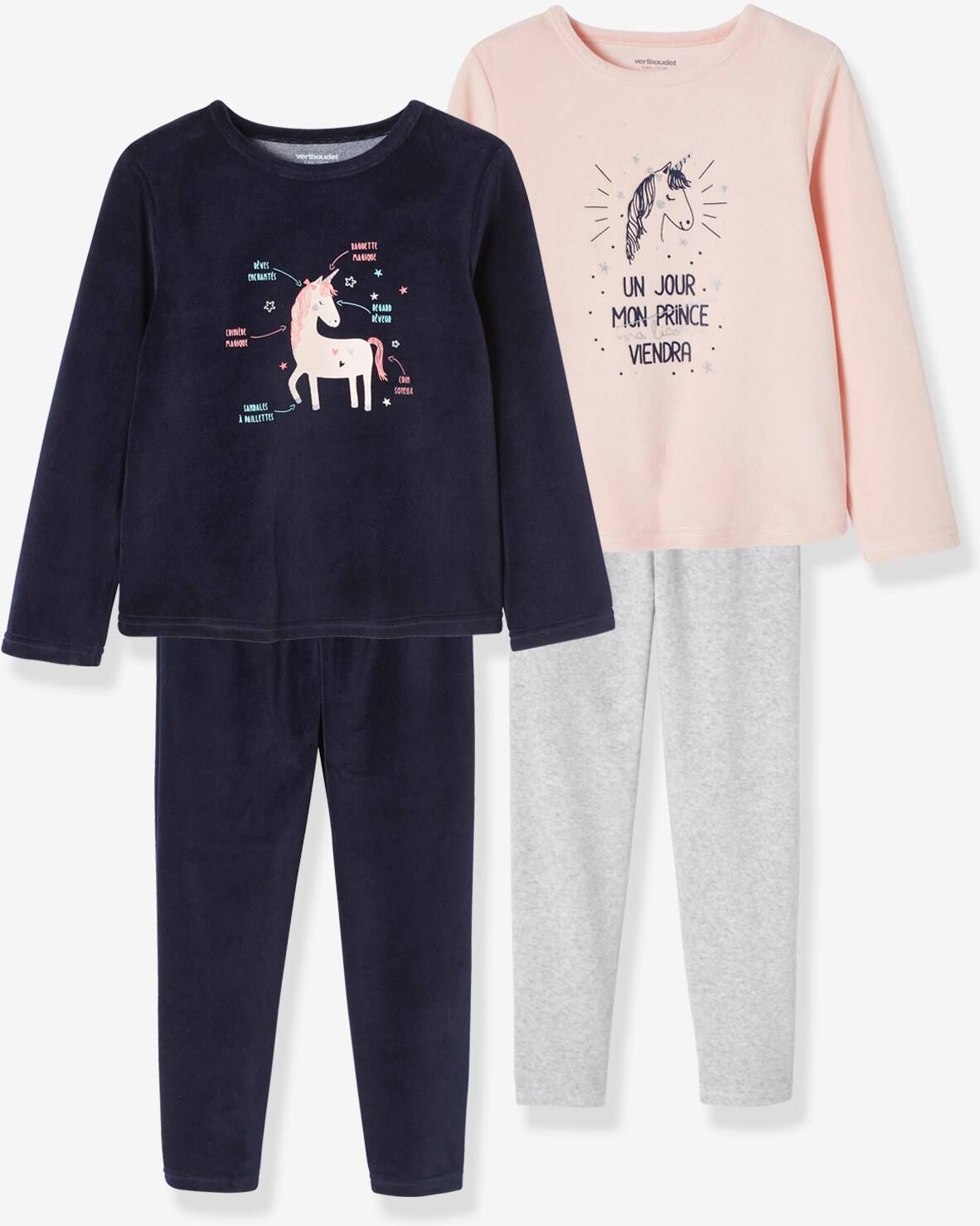 VERTBAUDET Pack de 2 pijamas de terciopelo «unicornio» para niña rosa claro liso con motivos