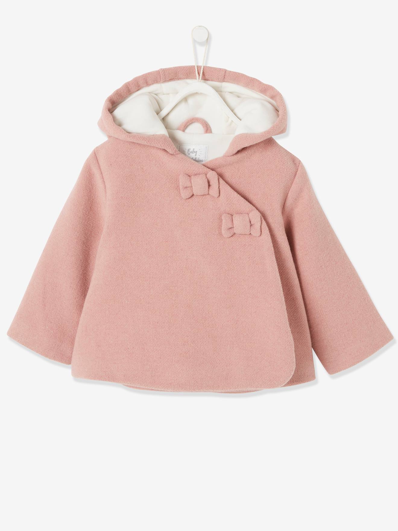 VERTBAUDET Abrigo con capucha para bebé niña de paño de lana forrado y guateado rosa medio liso