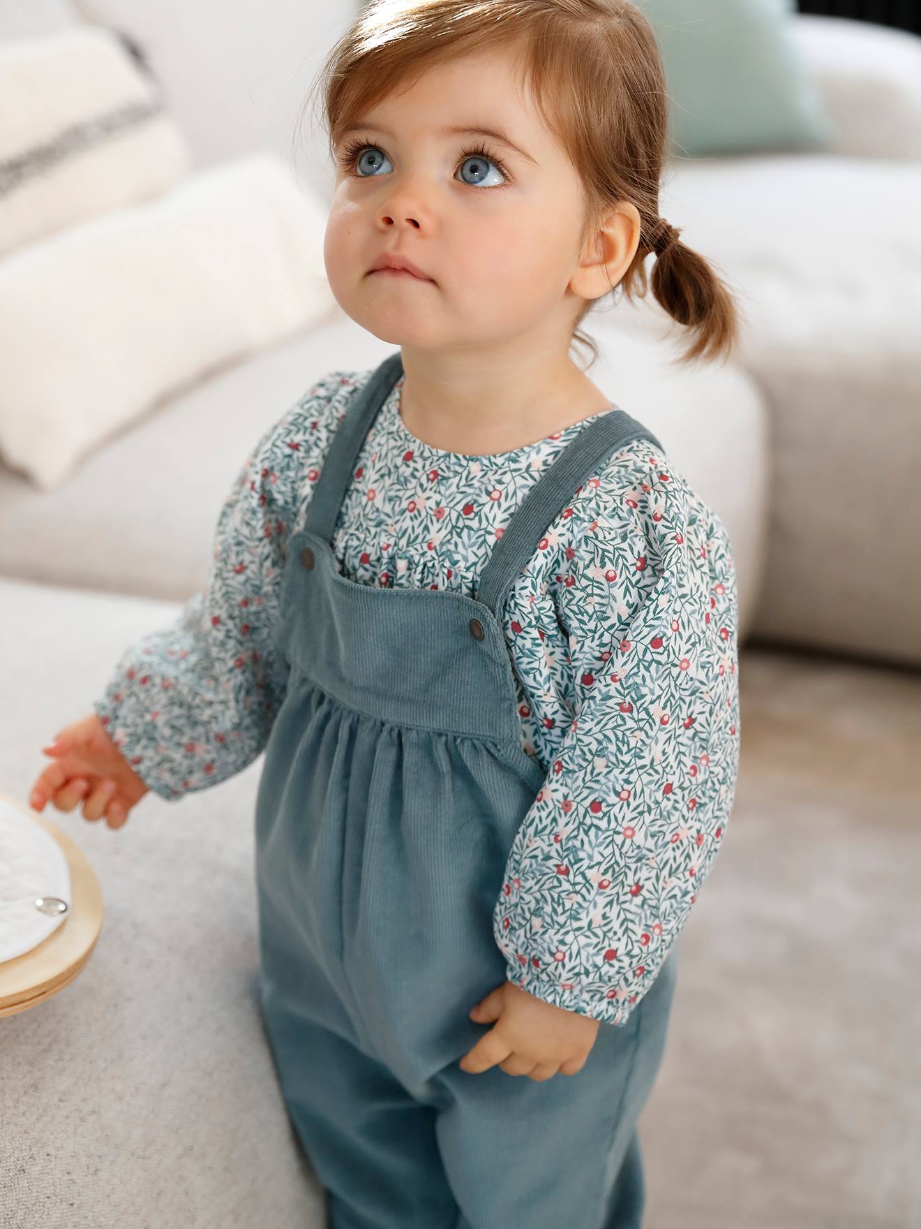 VERTBAUDET Conjunto de blusa y peto de pana para bebé niña azul oscuro liso