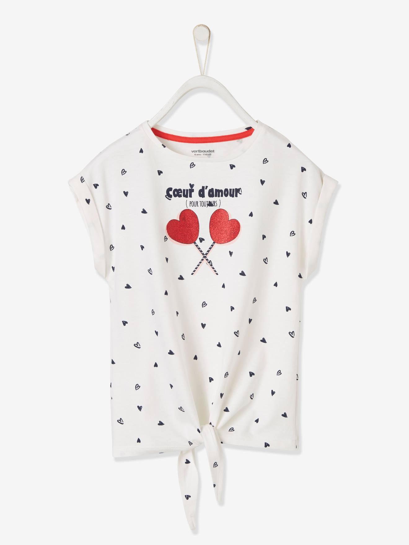 VERTBAUDET Camiseta con corazones y detalle irisado, para niña blanco claro estampado