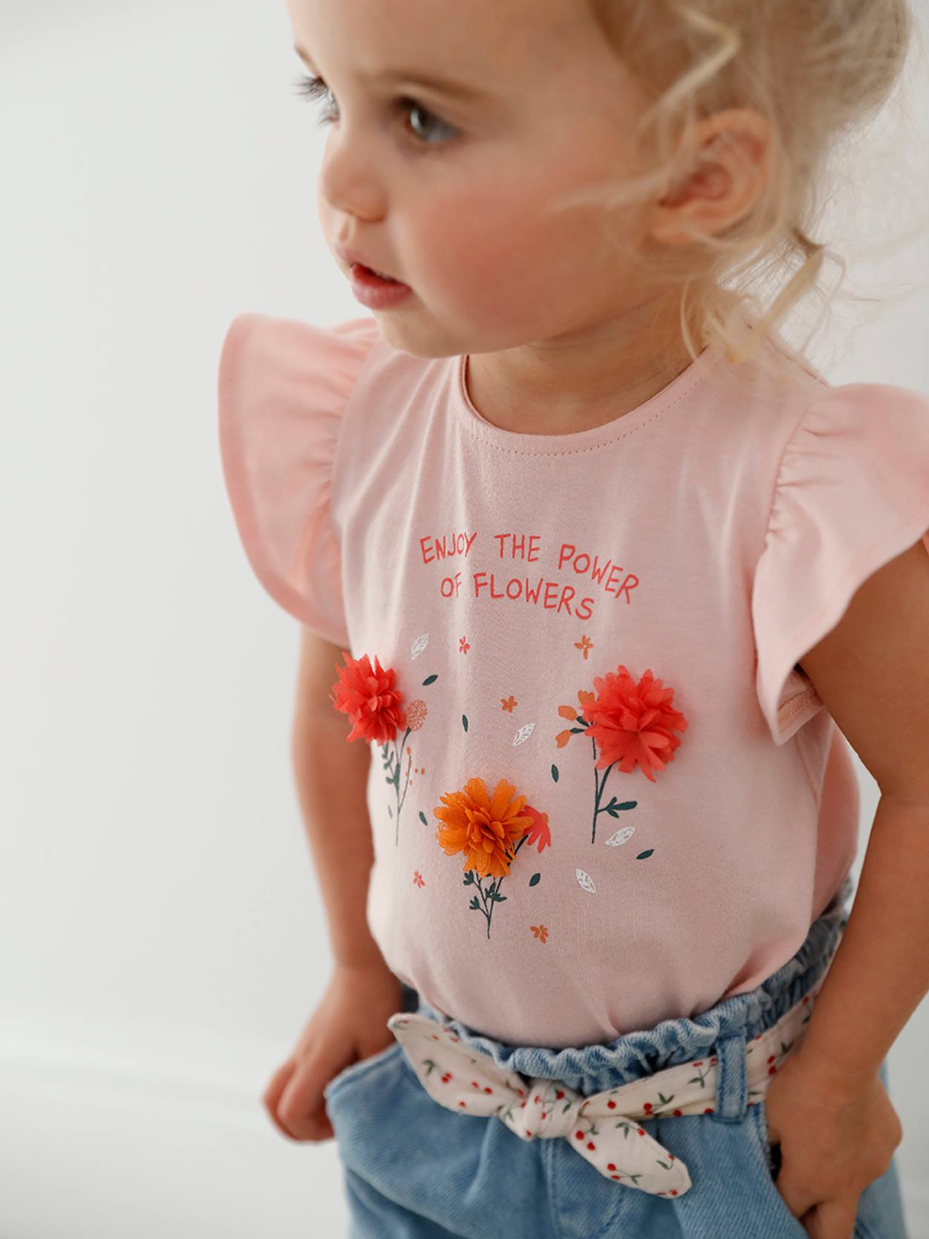 VERTBAUDET Camiseta con flores en relieve para bebé rosa claro liso con motivos