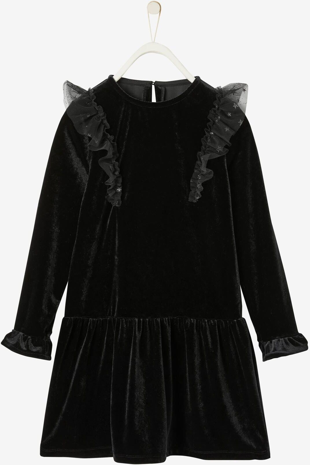 VERTBAUDET Vestido de fiesta para niña de terciopelo liso negro oscuro liso