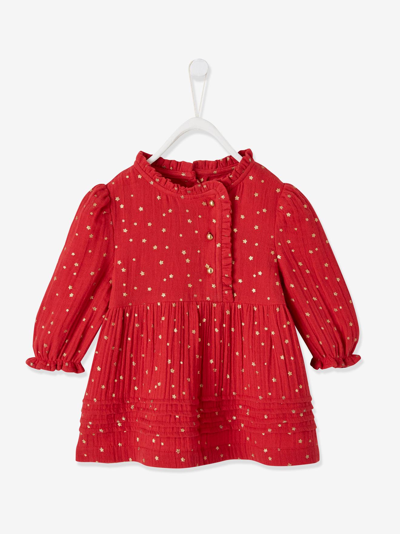 VERTBAUDET Vestido de gasa de algodón con abertura asimétrica, bebé rojo oscuro estampado