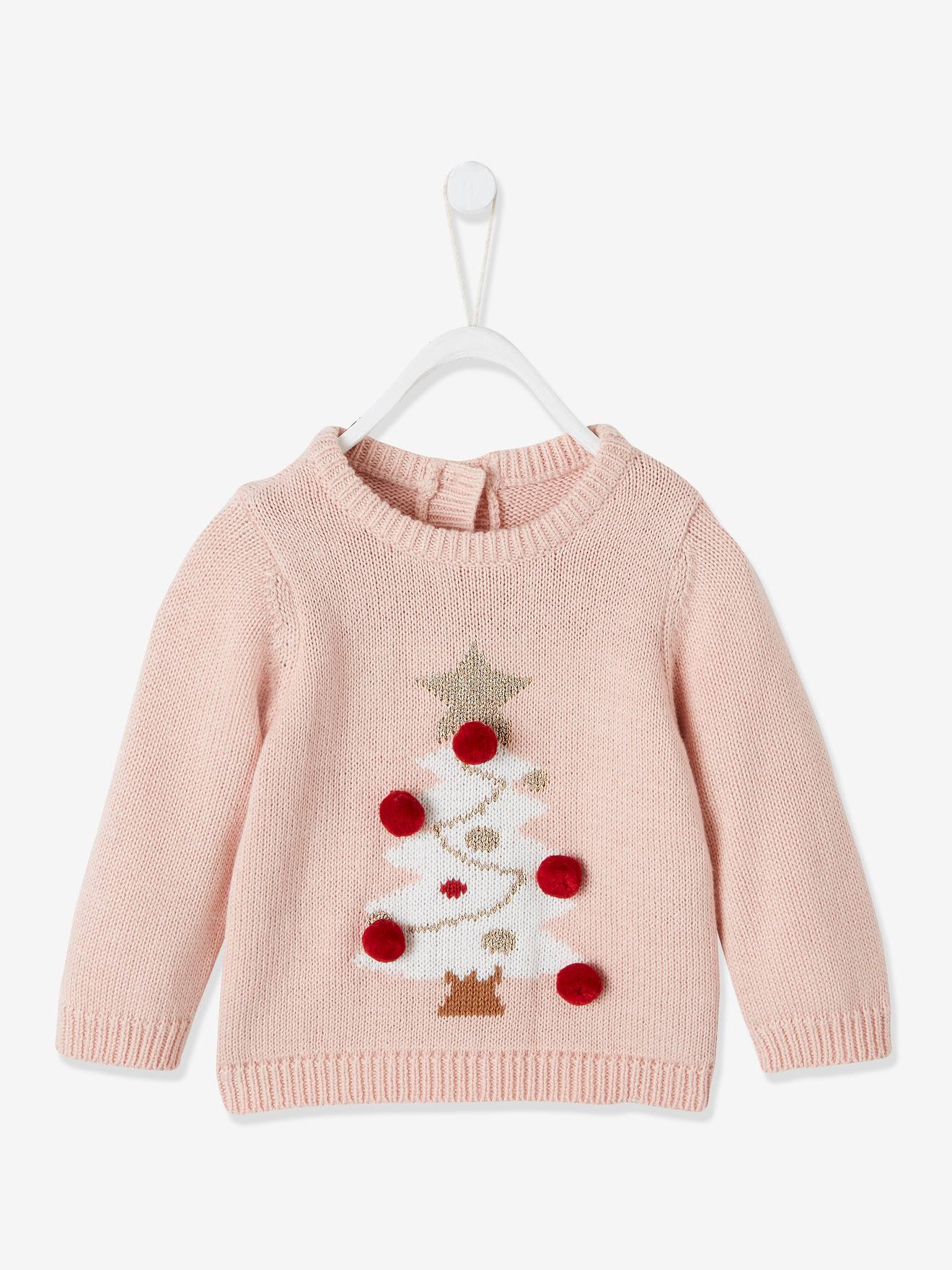 VERTBAUDET Jersey de Navidad para bebé Abeto y Pompones rosa claro liso con motivos