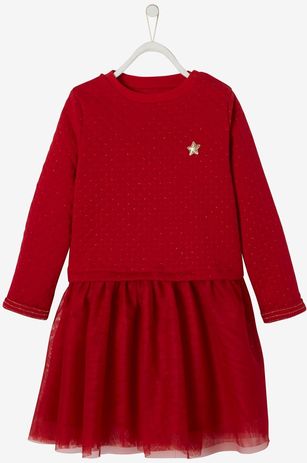 VERTBAUDET Vestido de Navidad para niña de dos tejidos rojo oscuro liso