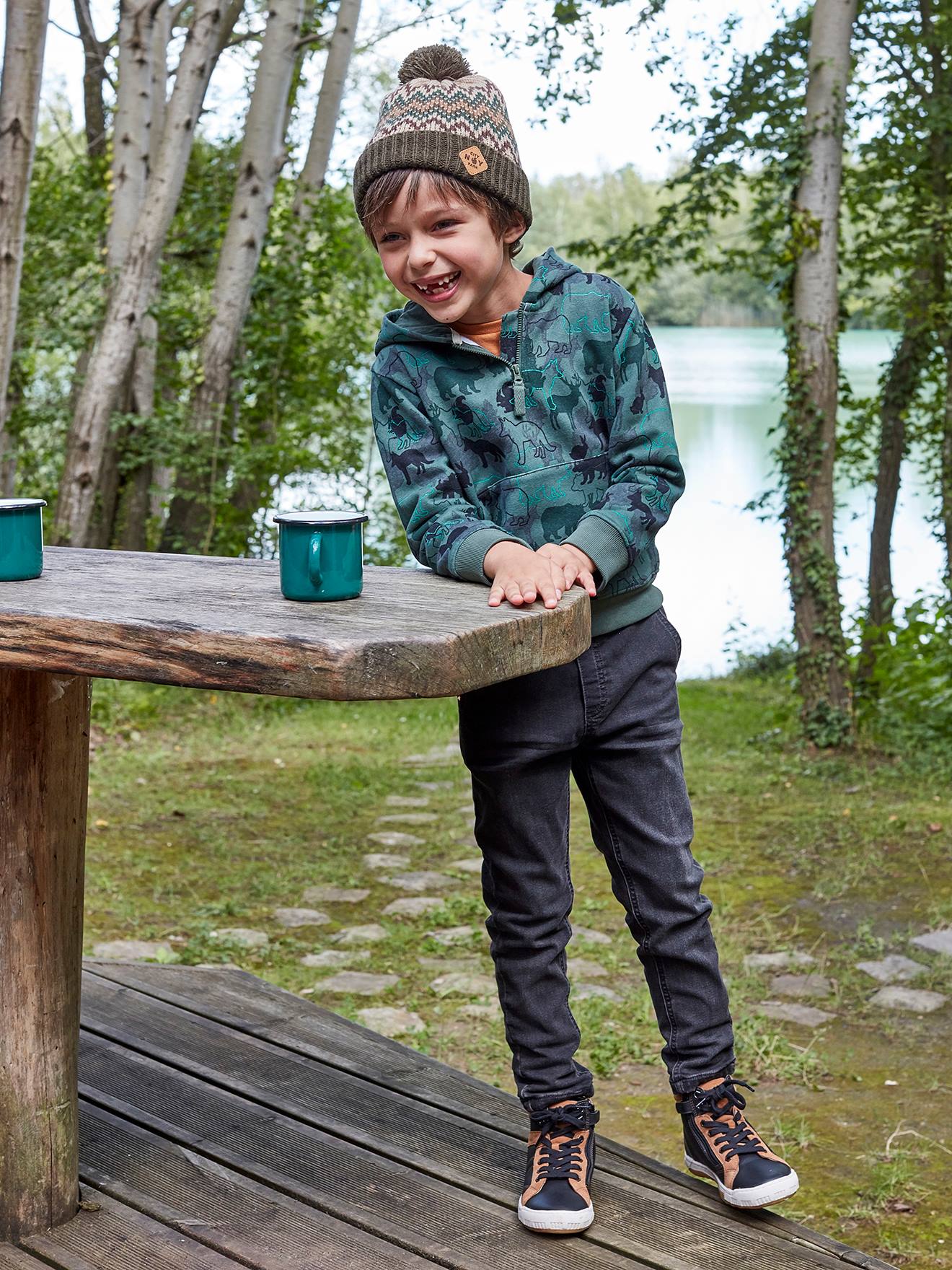 VERTBAUDET Pantalón recto forrado fácil de vestir, para niño gris oscuro liso con motivos