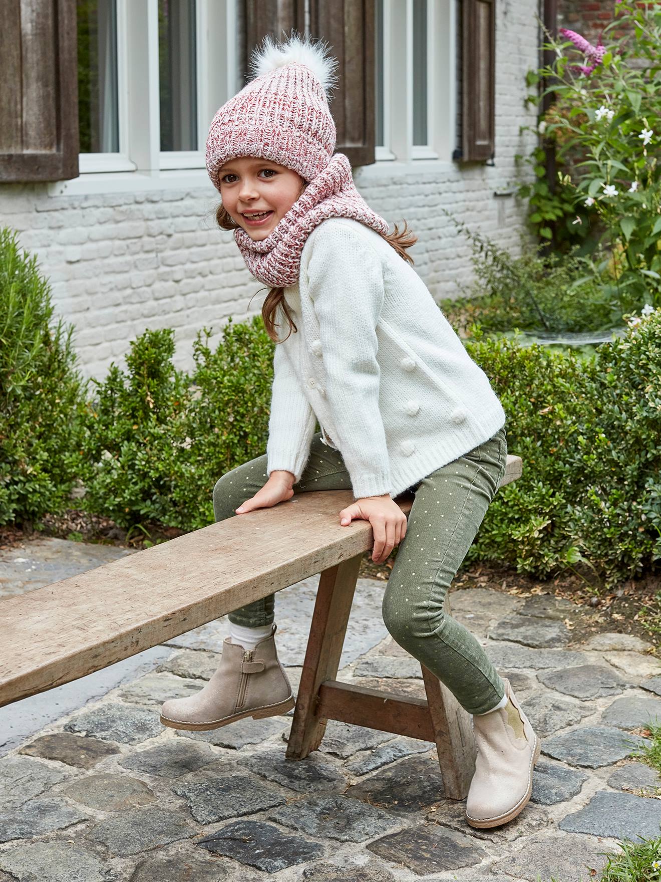 VERTBAUDET Pantalón slim MorphologiK de pana con lunares irisados para niña, con ancho de caderas DELGADO verde medio estampado