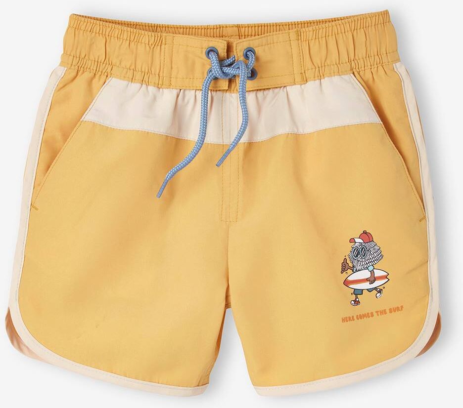 VERTBAUDET Bañador short bicolor estampado Surf, para niño amarillo claro liso