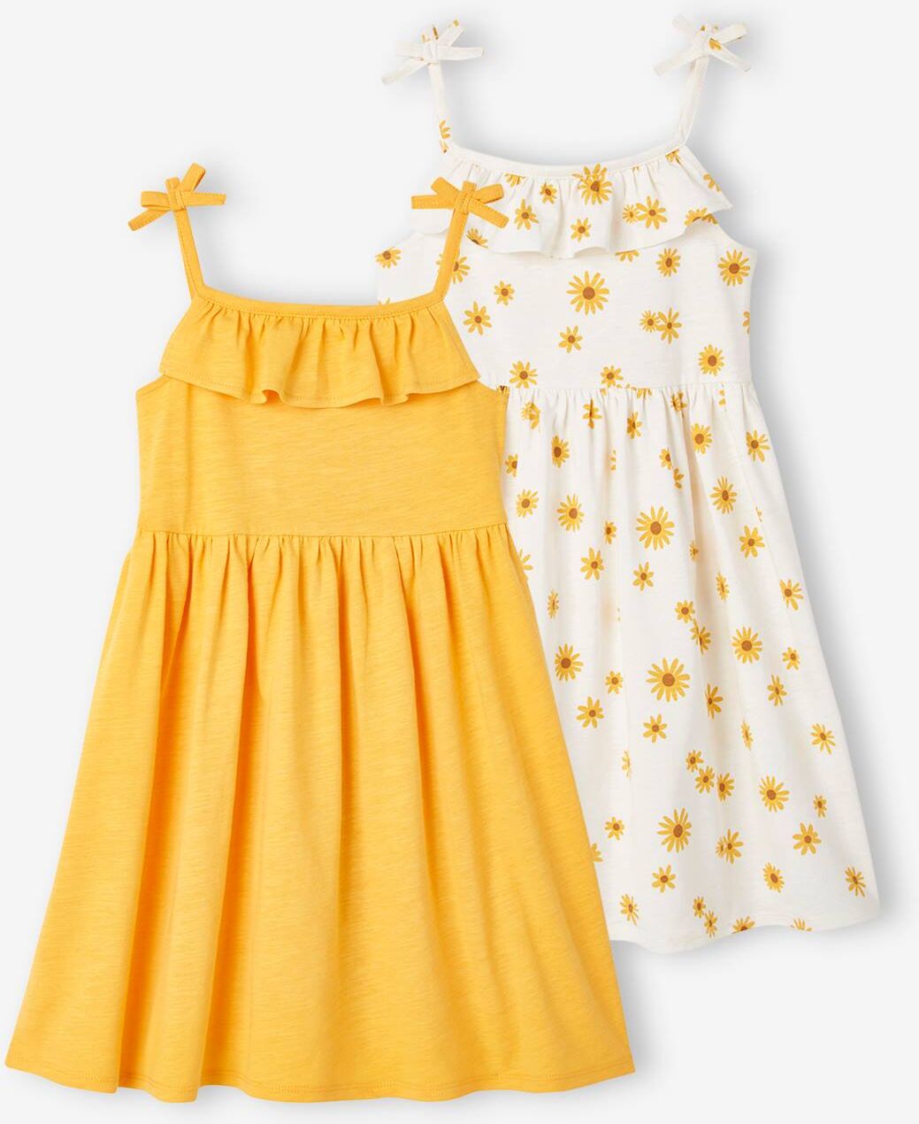 VERTBAUDET Pack de 2 vestidos de tirantes 1 estampado + 1 liso, para niña amarillo medio bicolor/multico