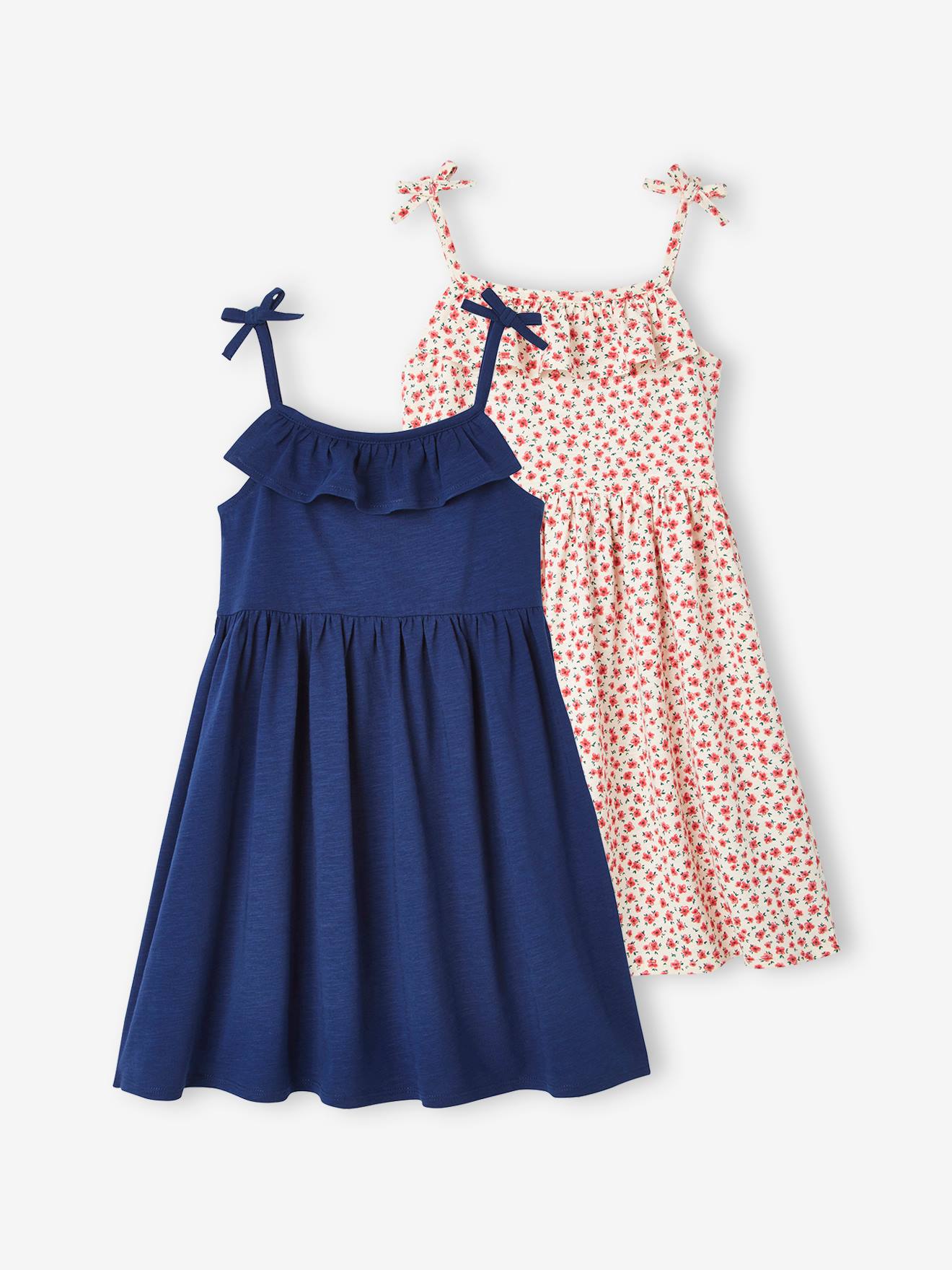 VERTBAUDET Pack de 2 vestidos de tirantes 1 estampado + 1 liso, para niña azul medio bicolor/multicolor