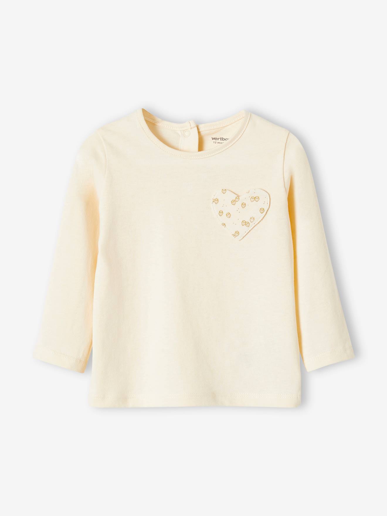 VERTBAUDET Camiseta bebé niña con bolsillo con corazón y fresas beige claro liso con motivos