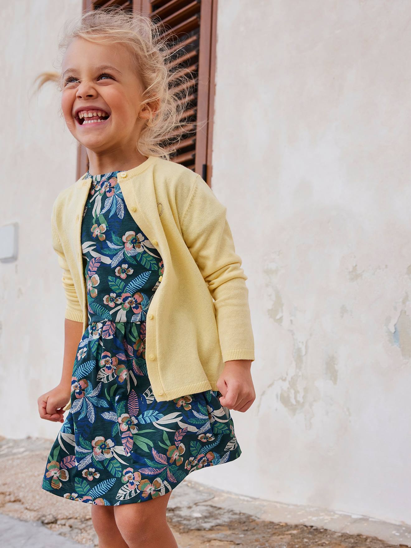 VERTBAUDET Vestido estampado para niña verde oscuro estampado