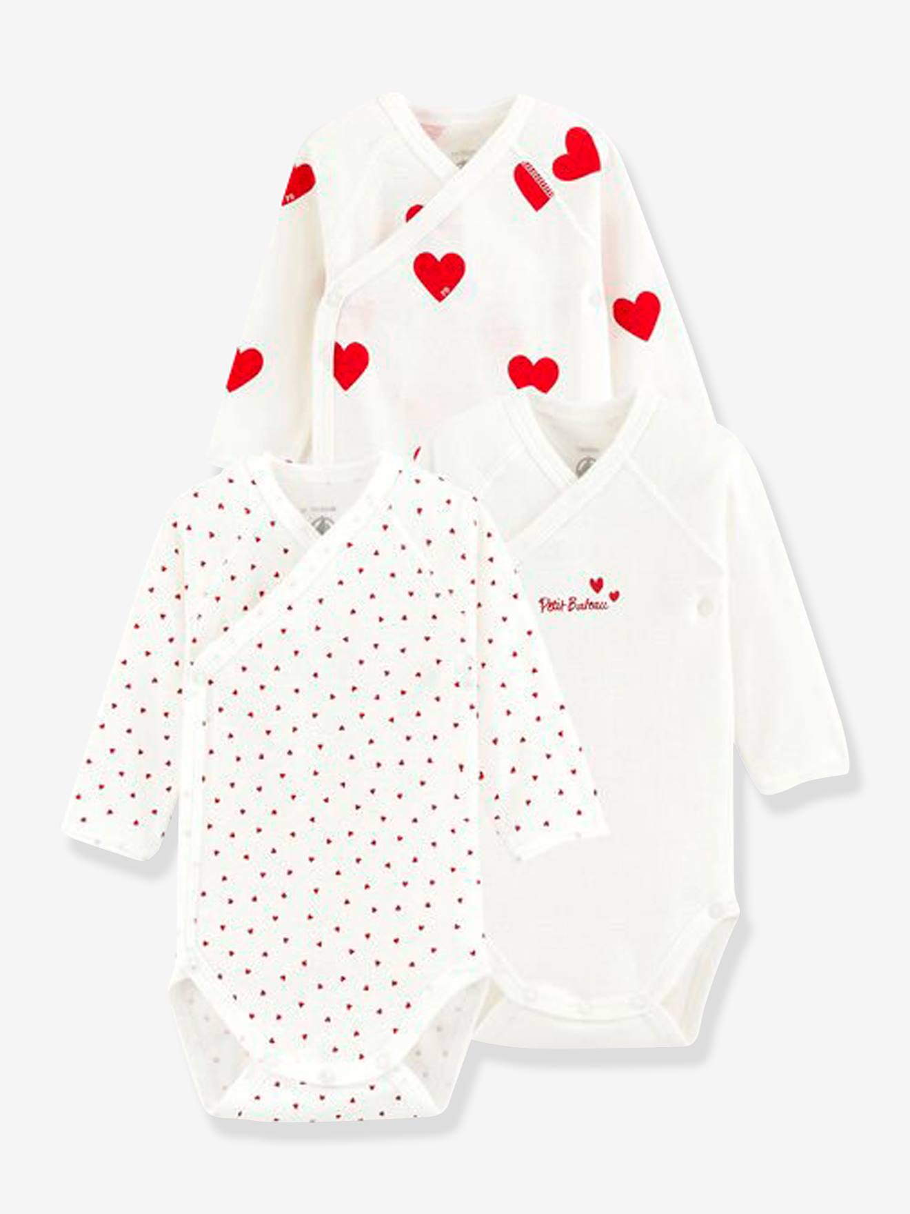 Lote de 3 bodies cruzados de manga larga Corazones para recién nacido de algodón orgánico PETIT BATEAU blanco claro bicolor/multicolo