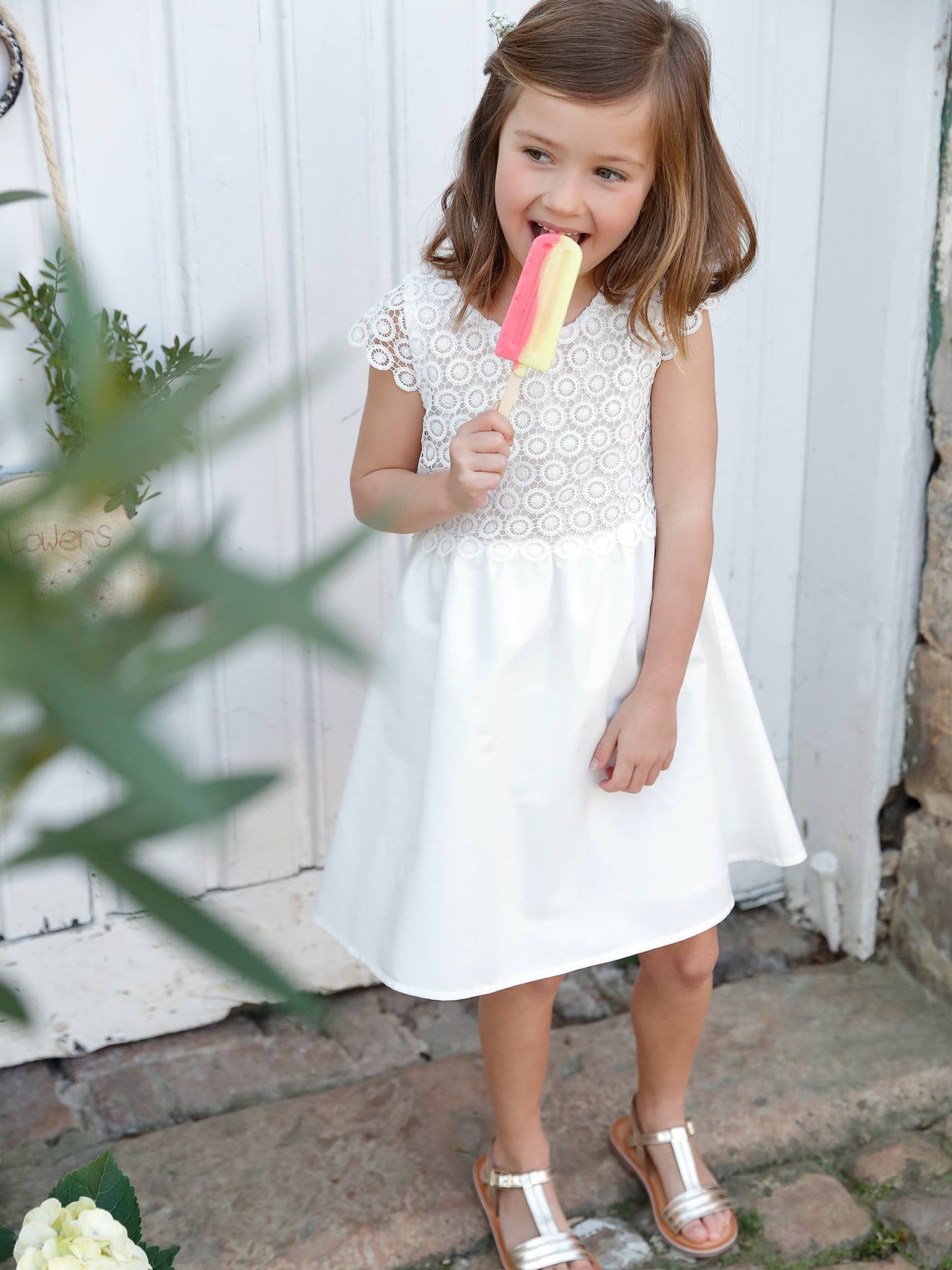 VERTBAUDET Vestido de ceremonia efecto 2 en 1 con superposición de macramé, para niña blanco claro liso