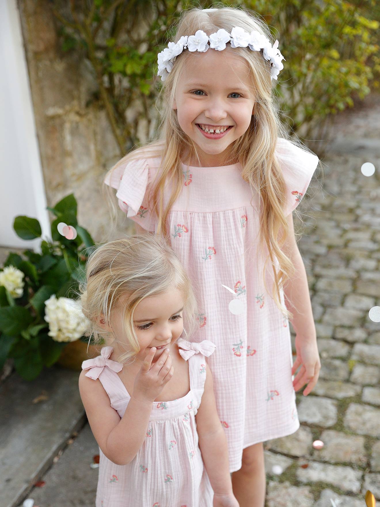 VERTBAUDET Vestido bordado de gasa de algodón, para niña rosa claro estampado