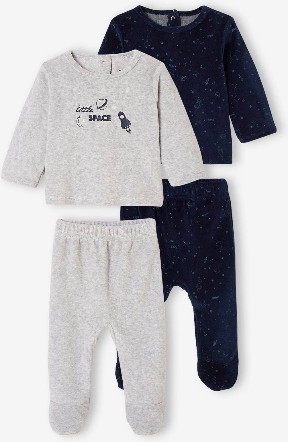 VERTBAUDET Pack de 2 pijamas de terciopelo con planetas fluorescentes, para bebé niño azul oscuro bicolor/multicolor