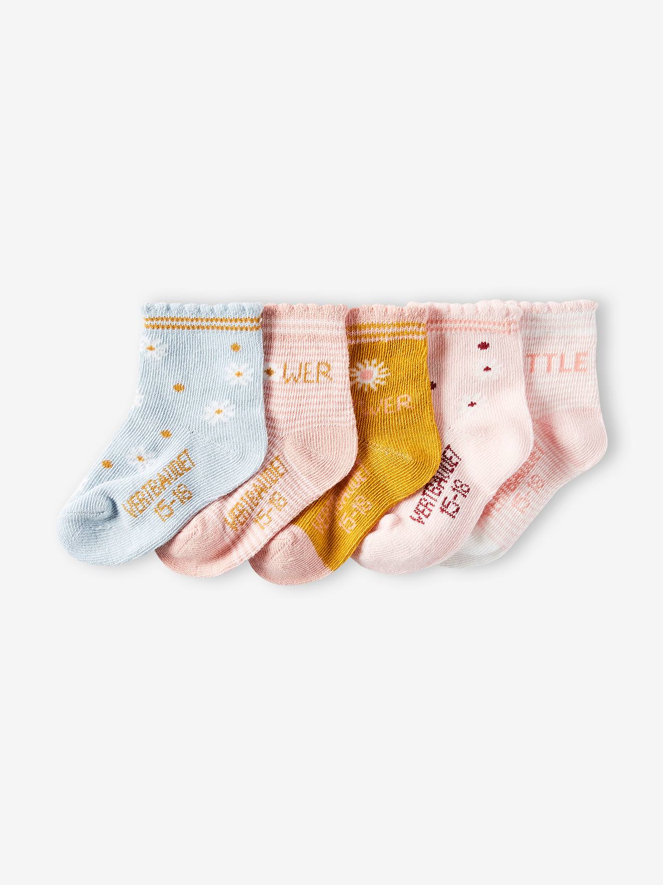 VERTBAUDET Pack de 5 pares de calcetines con flores para bebé niña beige medio bicolor/multicolor