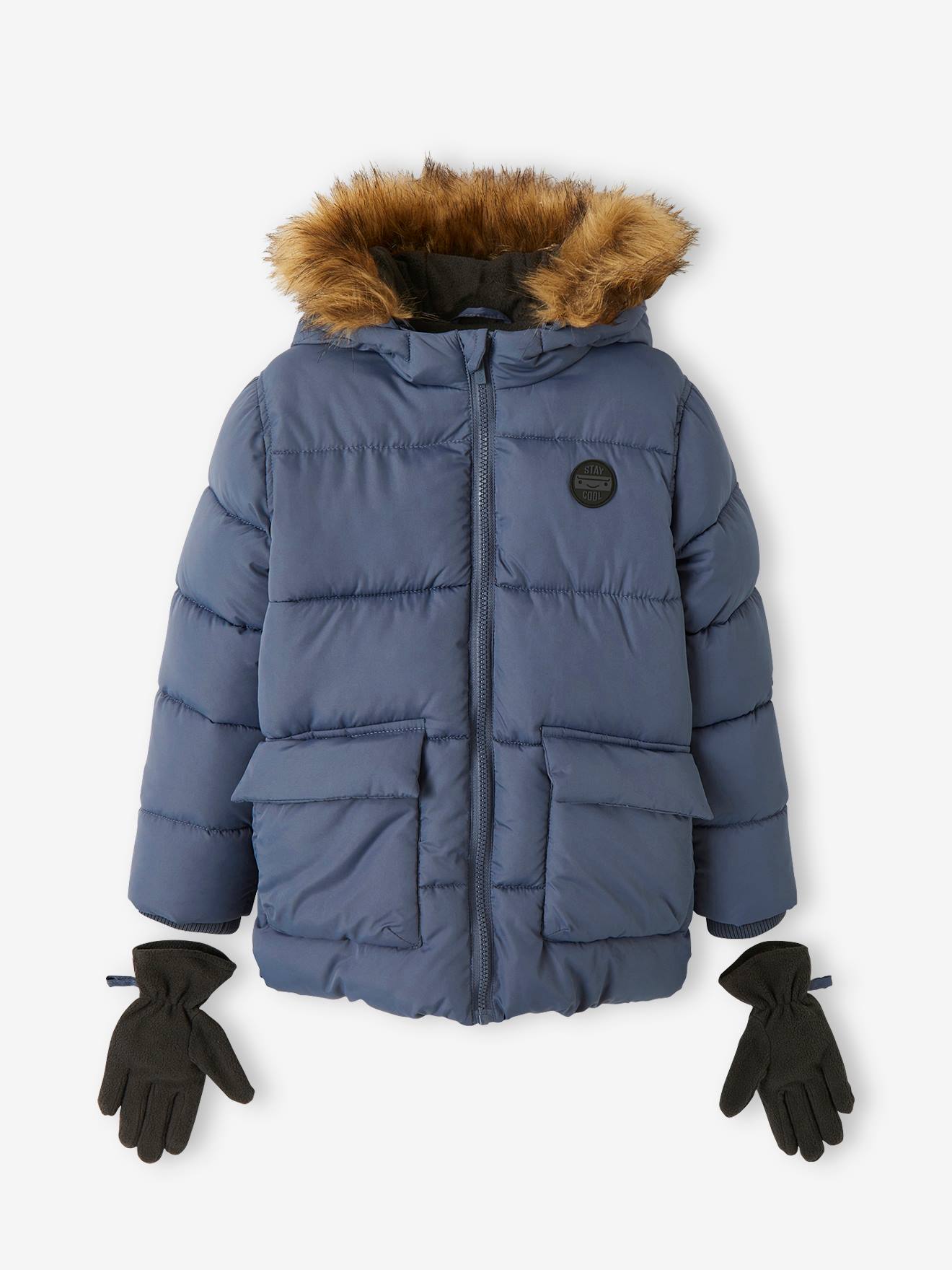 VERTBAUDET Chaqueta acolchada con forro polar y guantes o manoplas, para niño azul medio liso con motivos