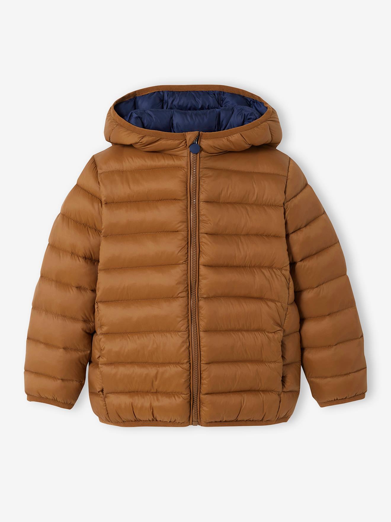 VERTBAUDET Chaqueta acolchada ligera con capucha y relleno de poliéster reciclado, para niño beige oscuro liso con motivos