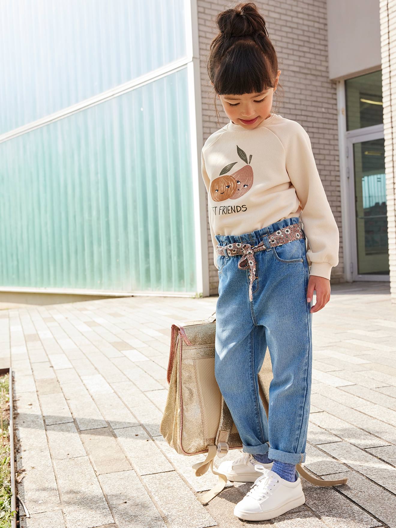 VERTBAUDET Vaquero estilo paperbag y su cinturón de flores, niña azul oscuro lavado