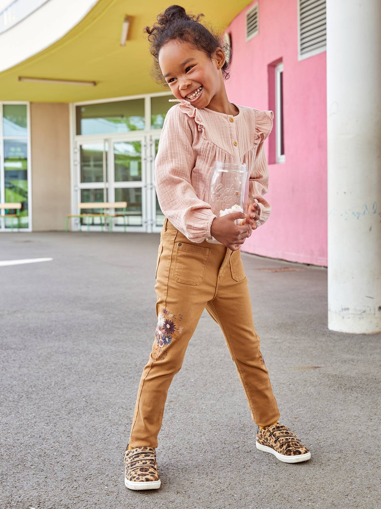 VERTBAUDET Pantalón slim bordado de flores con talle alto, niña marron claro liso con motivos