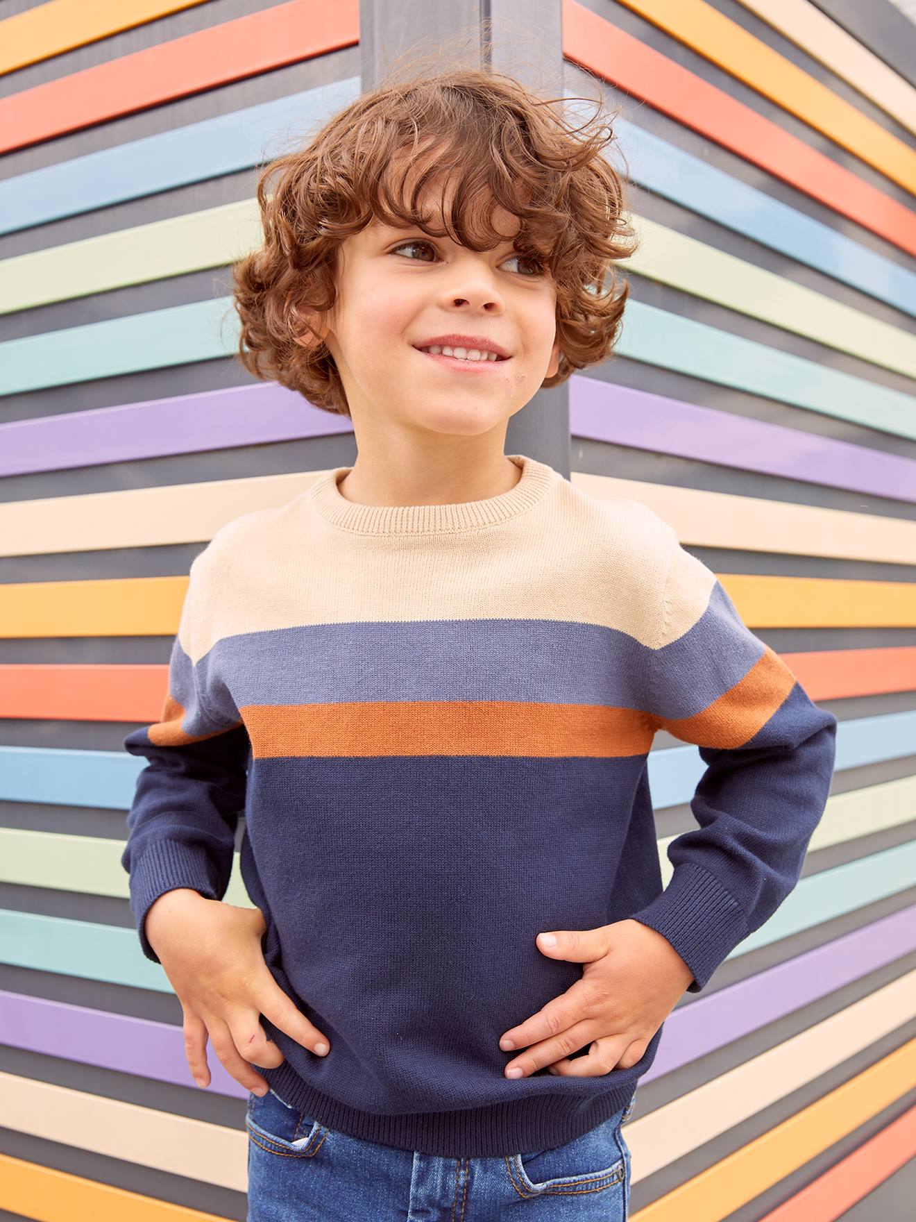 VERTBAUDET Jersey de punto fino con rayas anchas para niño beige claro liso con motivos