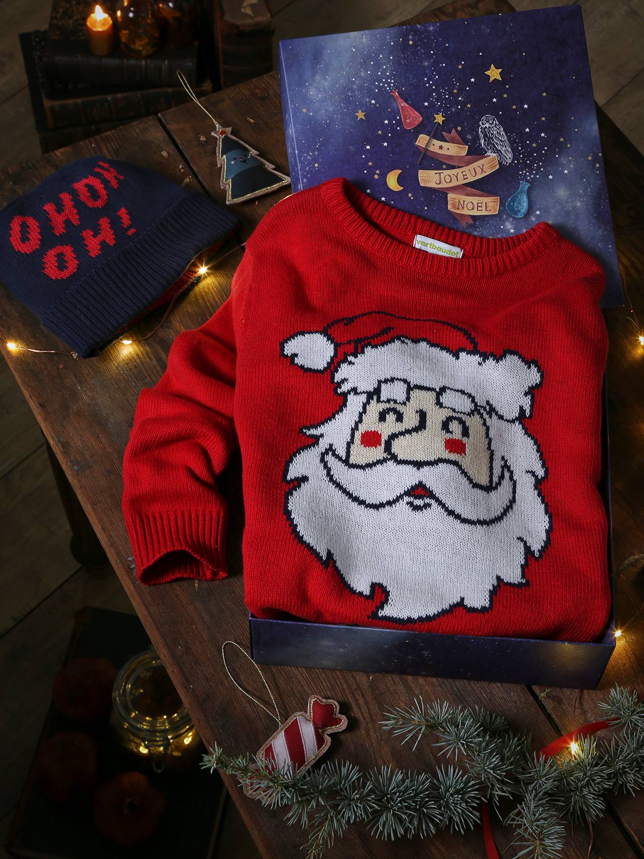 VERTBAUDET Caja de Navidad jersey divertido y gorro para niño rojo