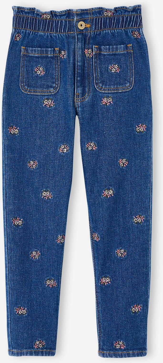 VERTBAUDET Pantalón estilo «paperbag» con bordado de flores para niña azul jeans