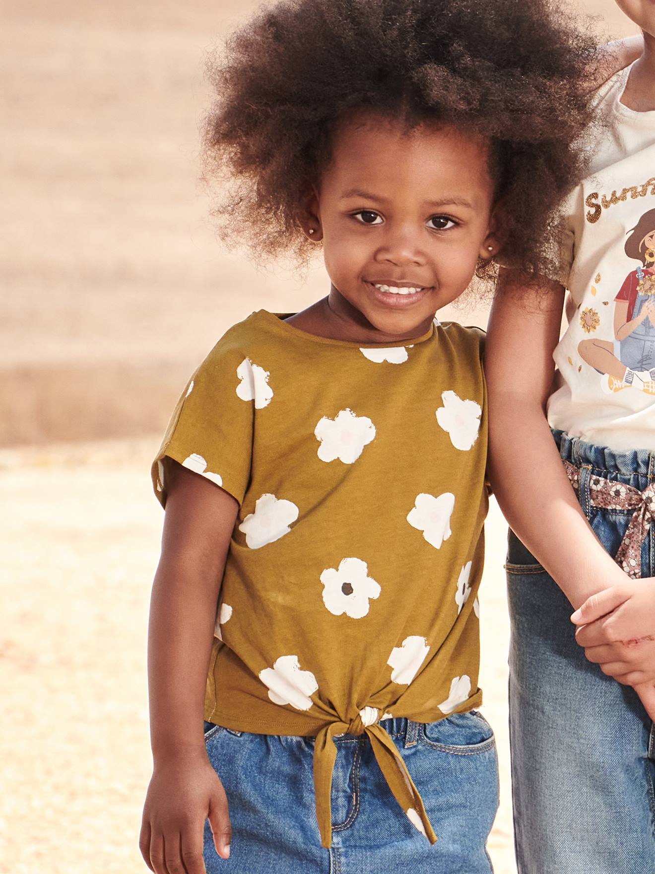 VERTBAUDET Camiseta estampada con lazo fantasía, para niña caqui