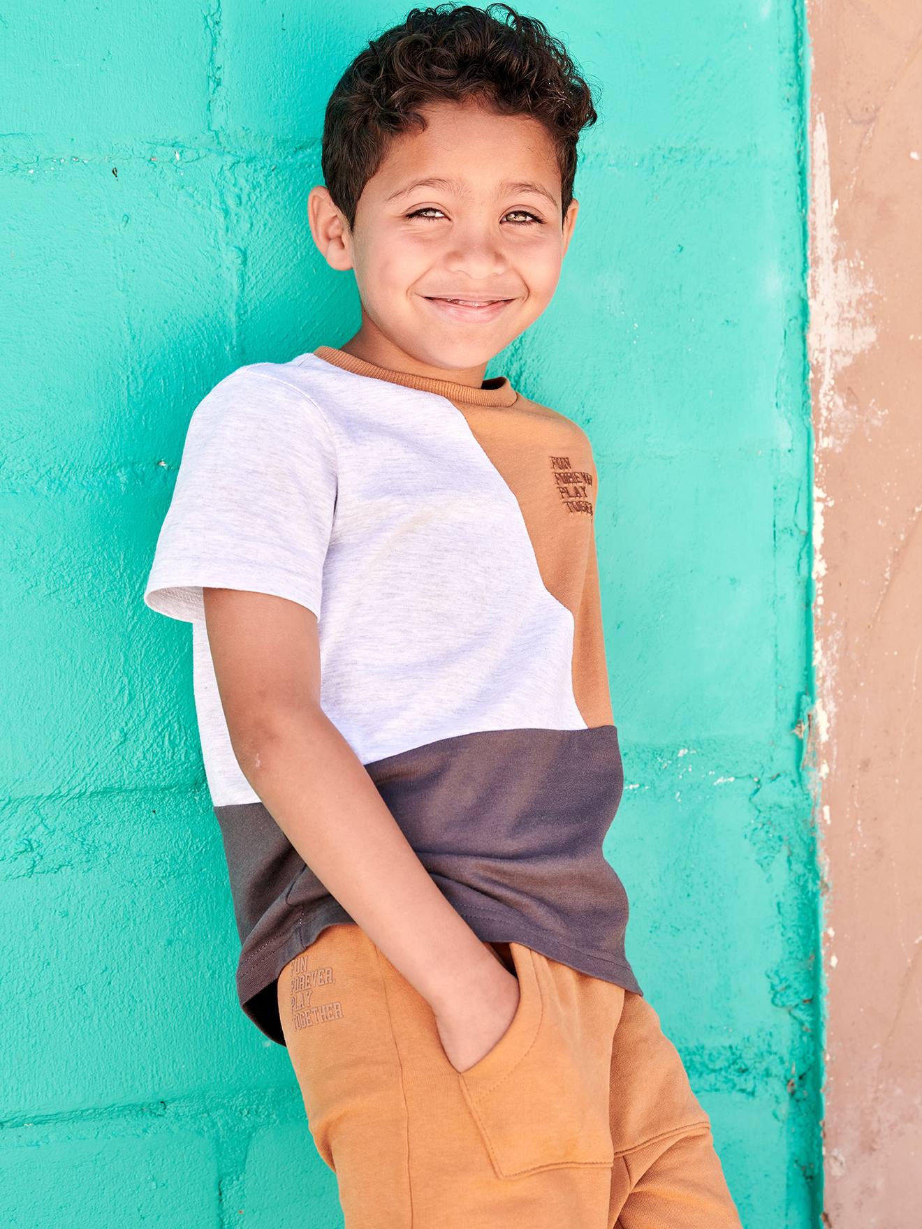 VERTBAUDET Camiseta colorblock de manga corta para niño gris jaspeado