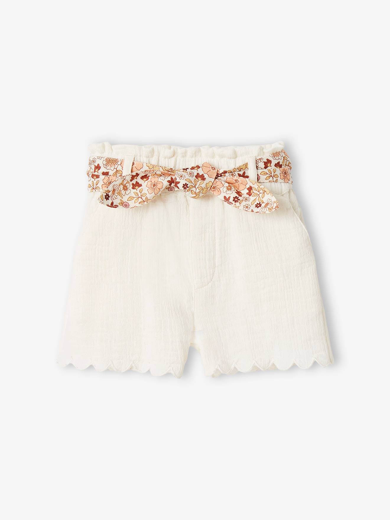 VERTBAUDET Short de gasa de algodón con cinturón de flores para bebé crudo