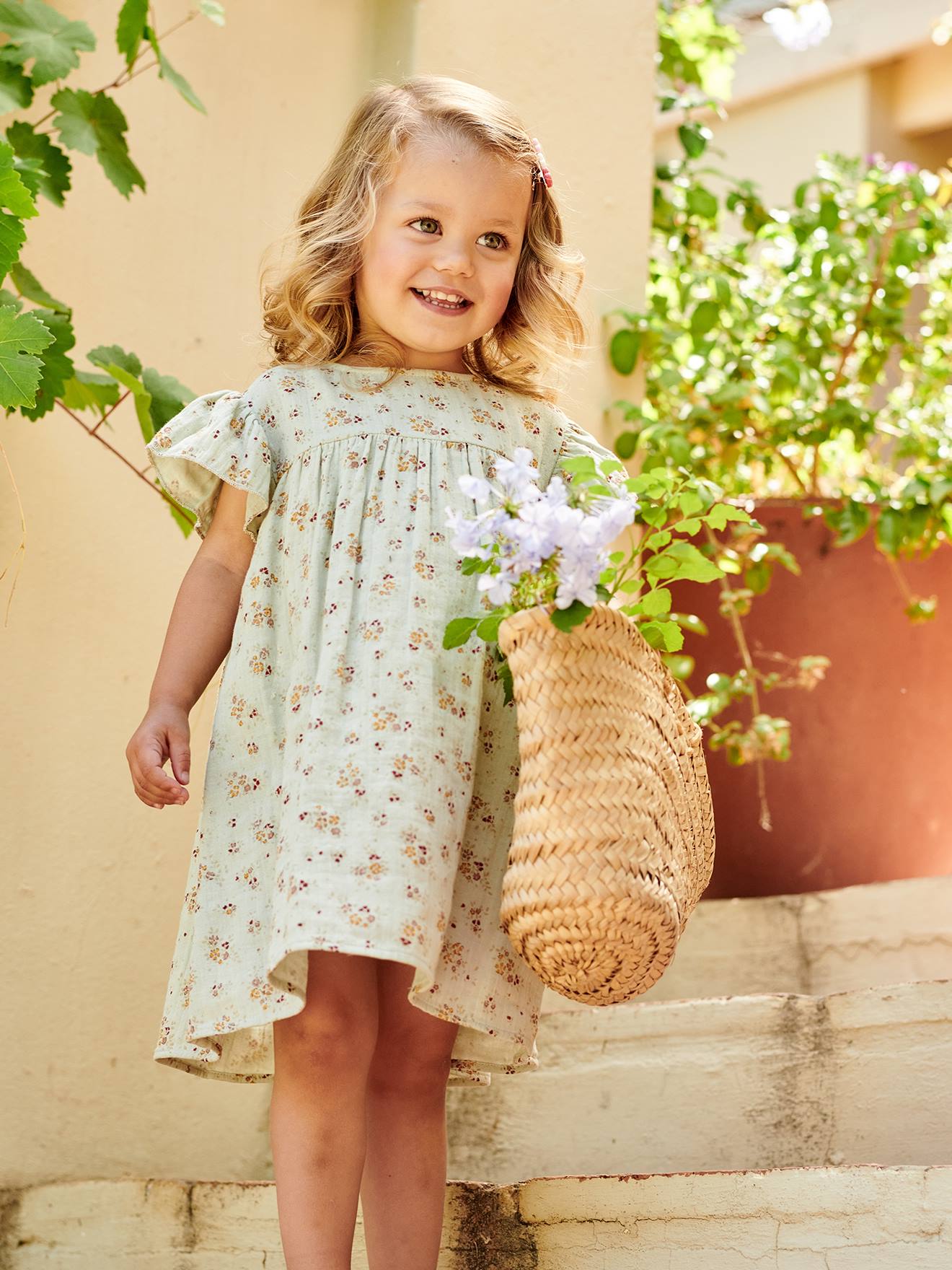 VERTBAUDET Vestido de gasa de algodón estampado con mangas mariposa, para niña verde agua