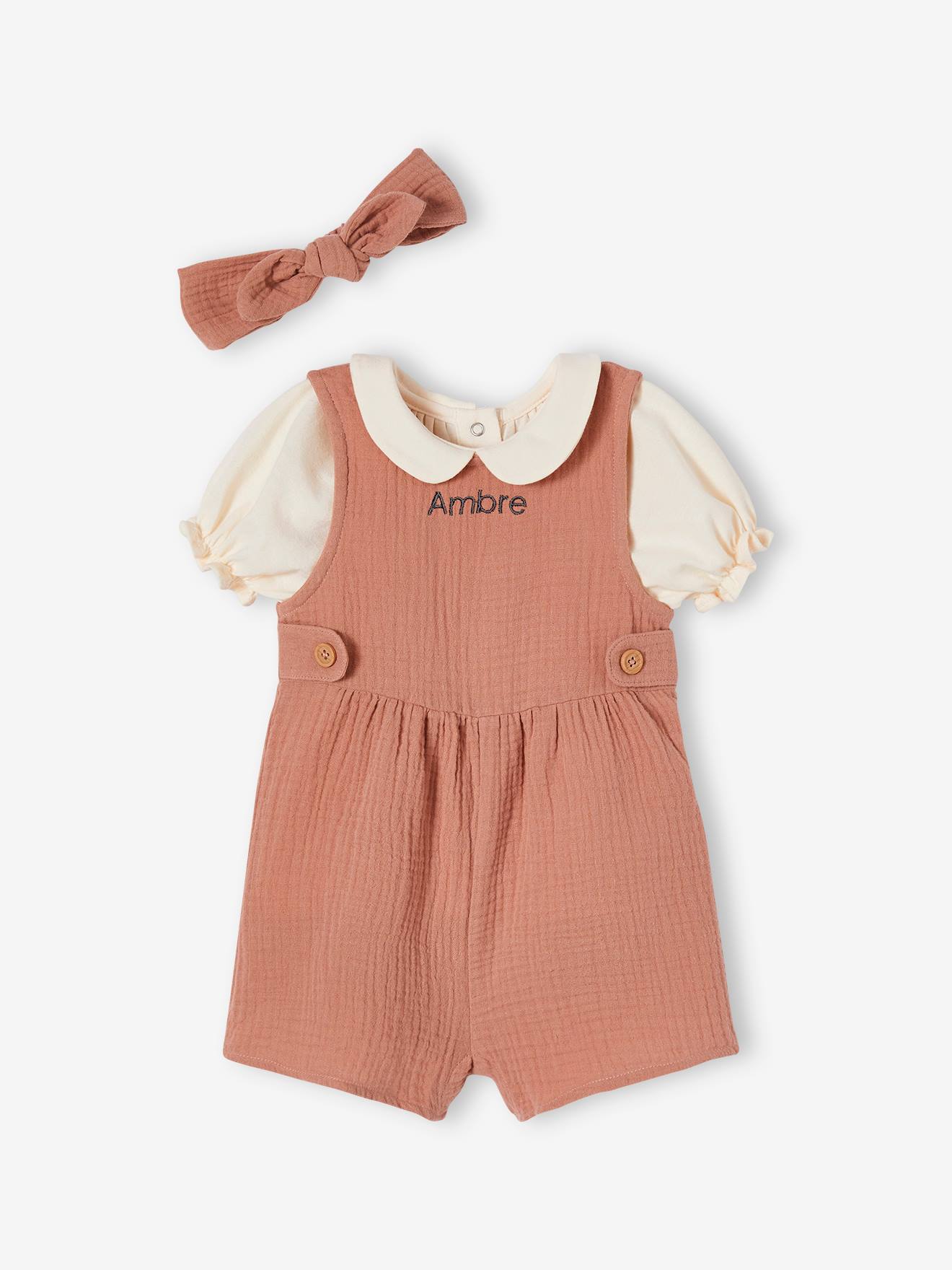 VERTBAUDET Conjunto personalizable de 3 prendas para bebé - camiseta, mono y cinta del pelo rosa viejo