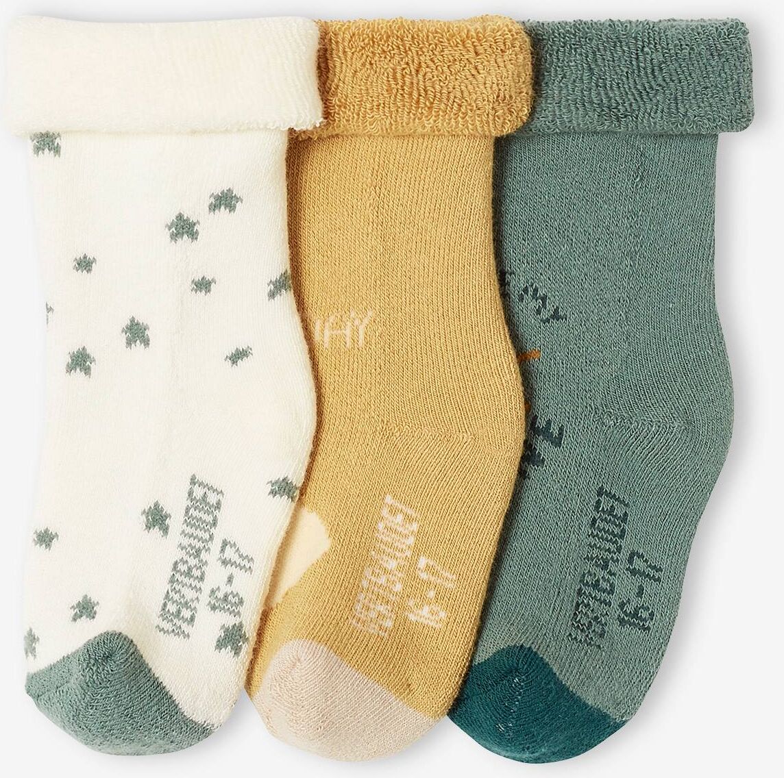 VERTBAUDET Pack de 3 pares de calcetines estrellas, nube y sol para bebé verde sauce