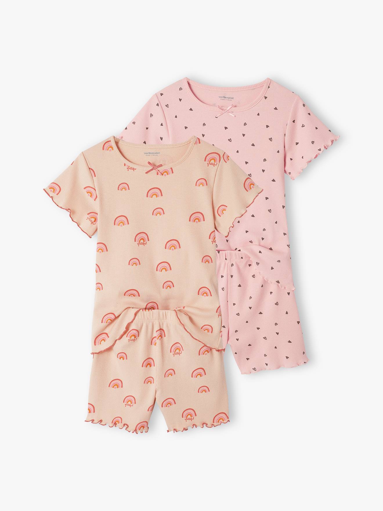 VERTBAUDET Pack de 2 pijamas con short de punto de canalé con estampados para niña rosa maquillaje