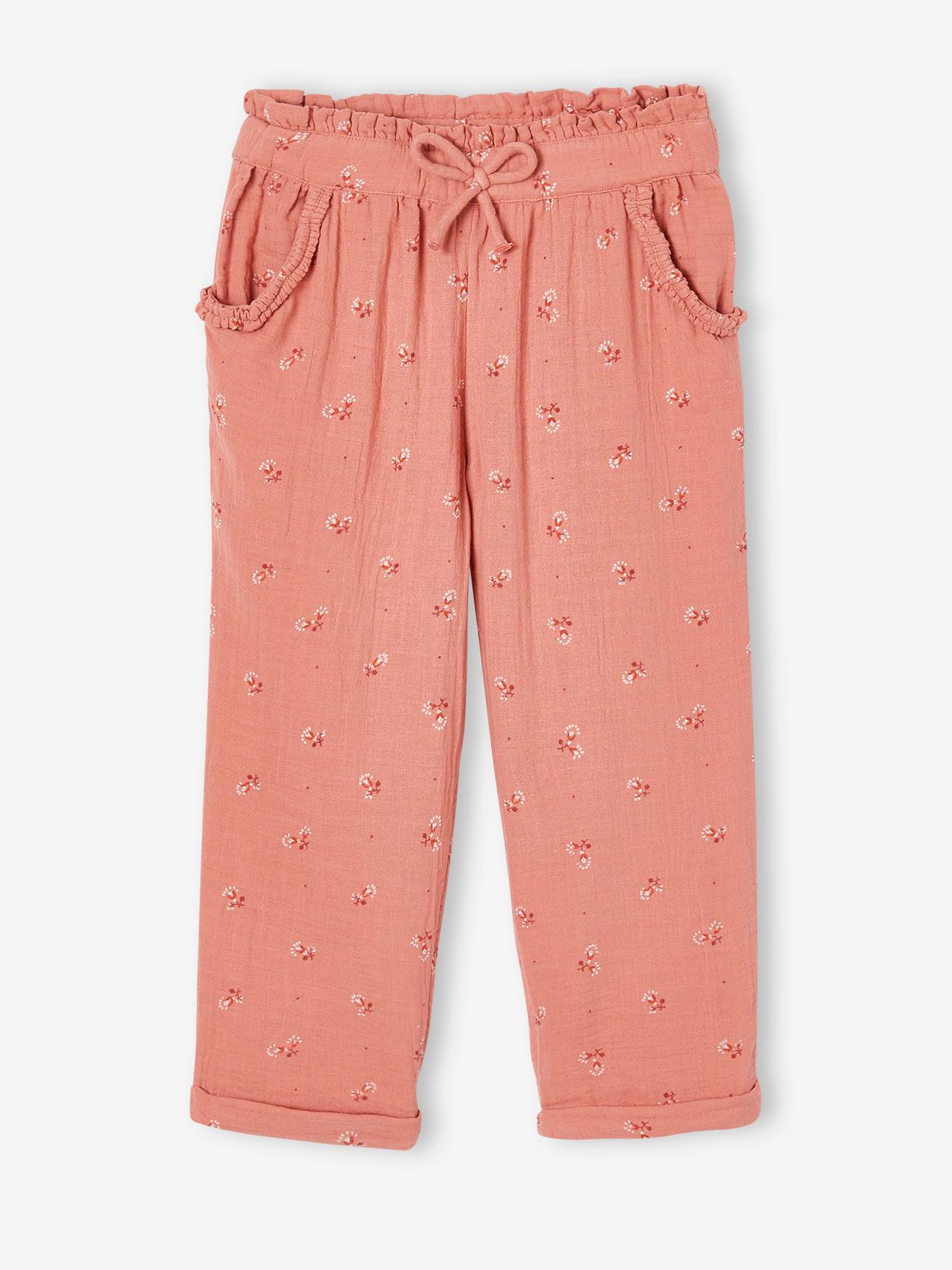 VERTBAUDET Pantalón pesquero de gasa de algodón estampado de flores, para niña rosado