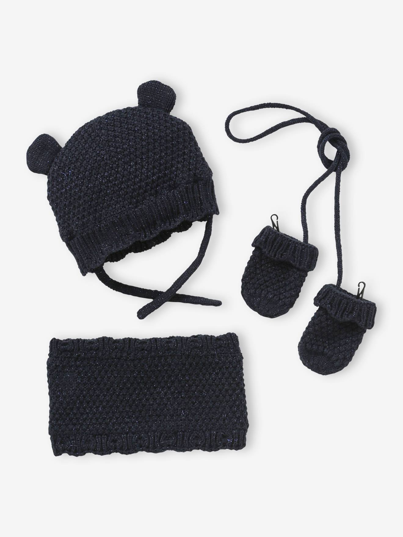 VERTBAUDET Conjunto para bebé niña de gorro + snood + manoplas azul marino