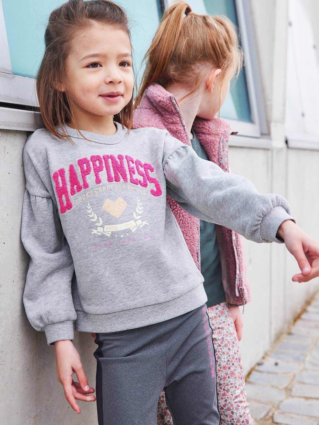 VERTBAUDET Sudadera deportiva «Happiness» de felpa de rizo y detalles irisados para niña gris jaspeado