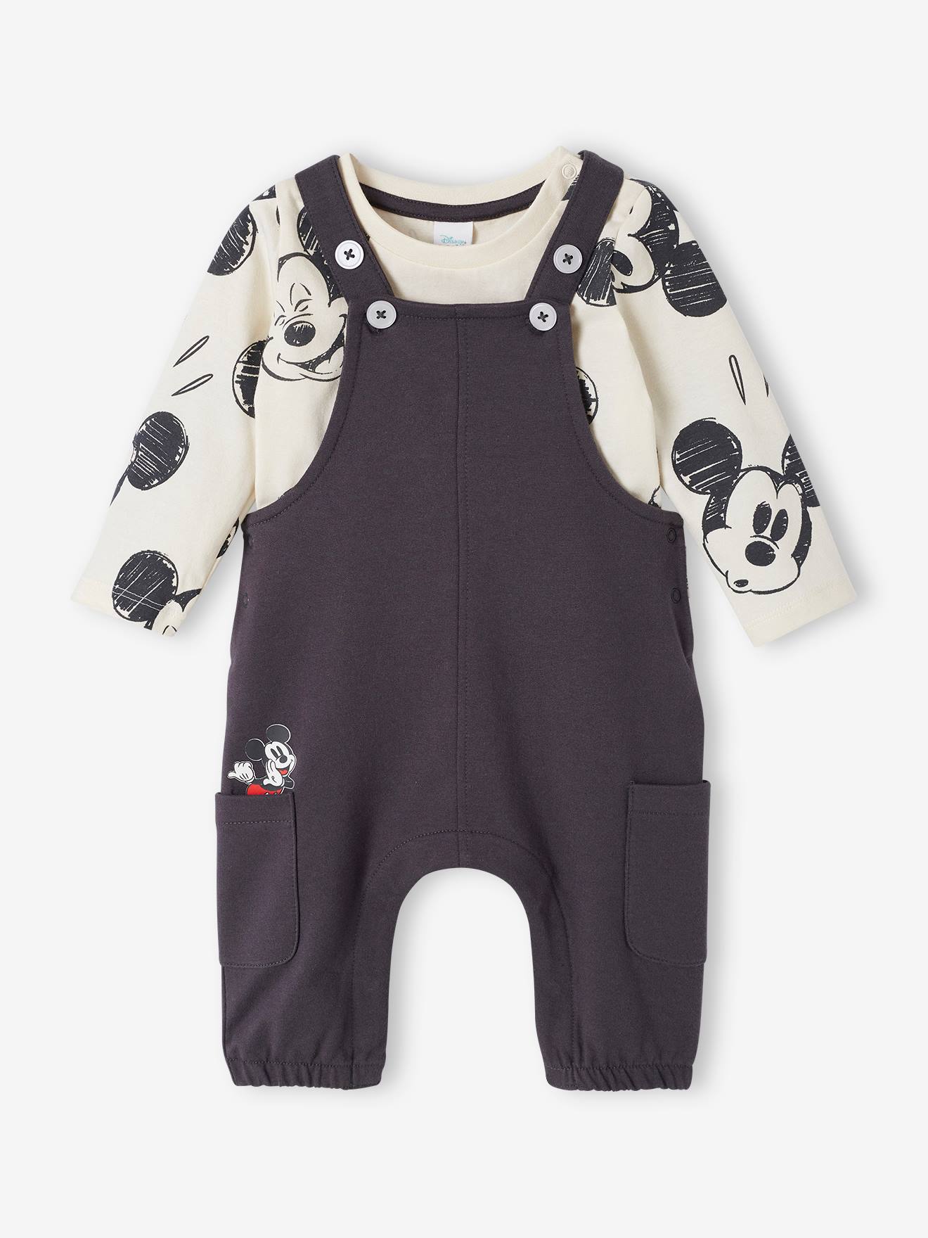 MICKEY Conjunto Disney® para bebé: camiseta de algodón + peto denim gris