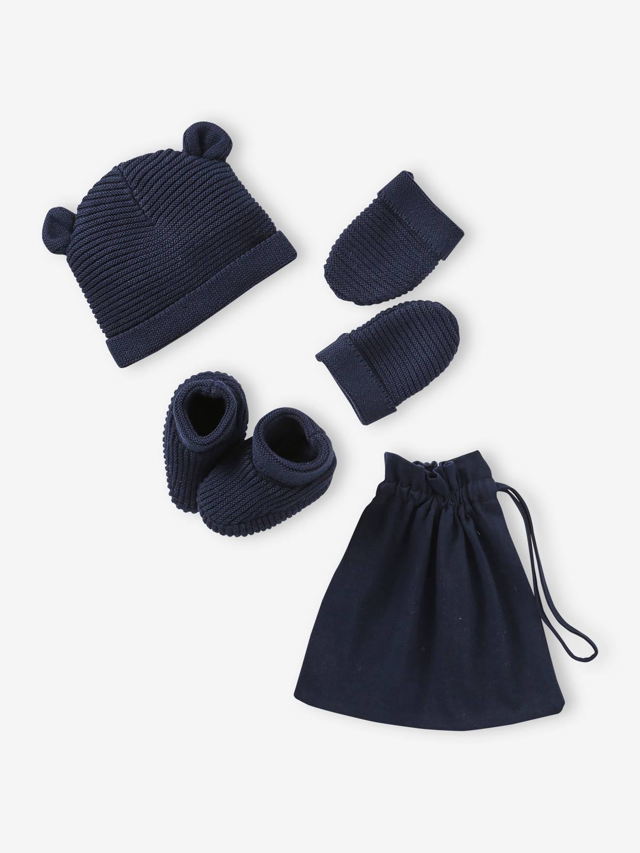 VERTBAUDET Conjunto de gorra, manoplas y patucos para recién nacido, con bolsa a juego azul marino