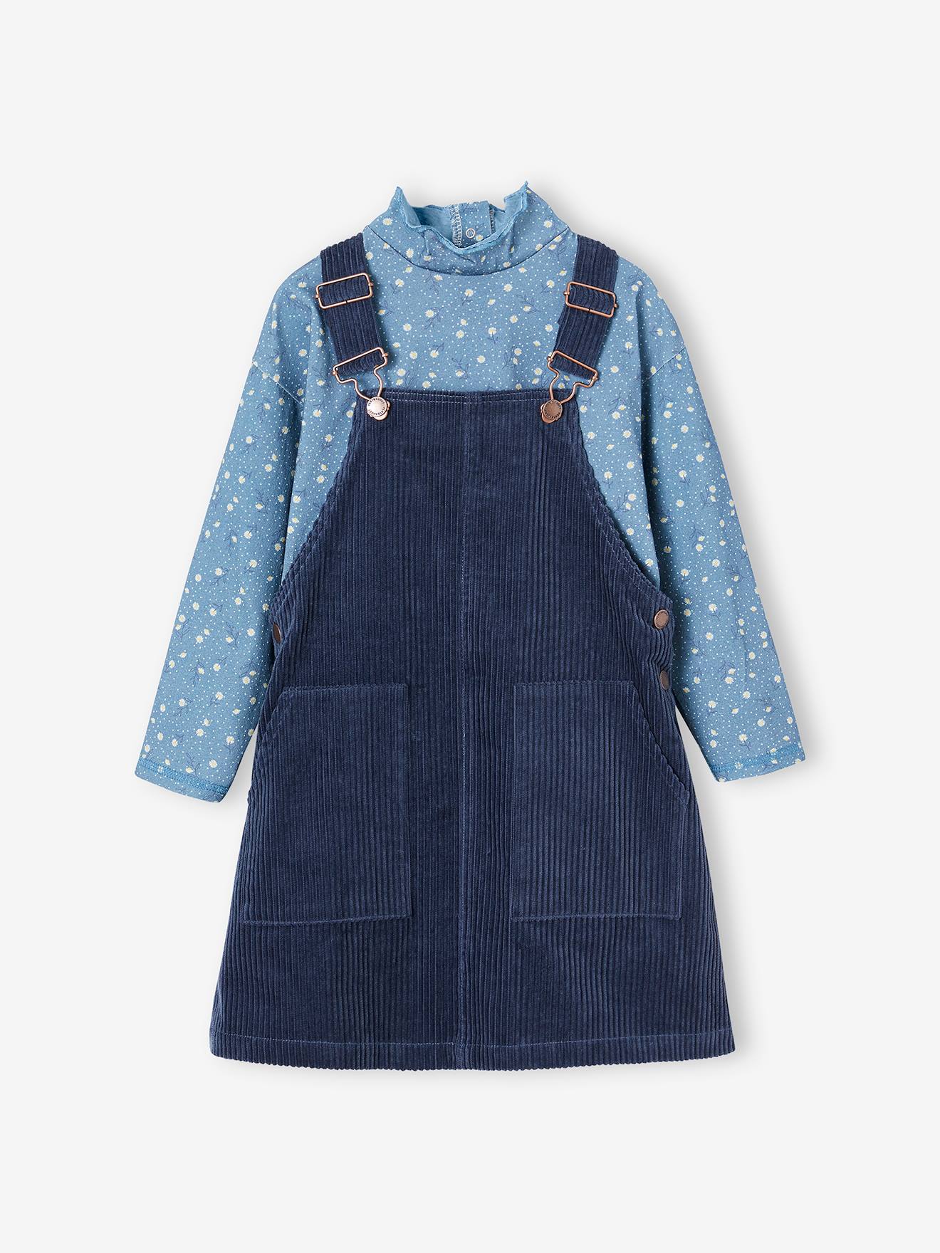 VERTBAUDET Conjunto para niña: camiseta + vestido peto de pana azul oscuro