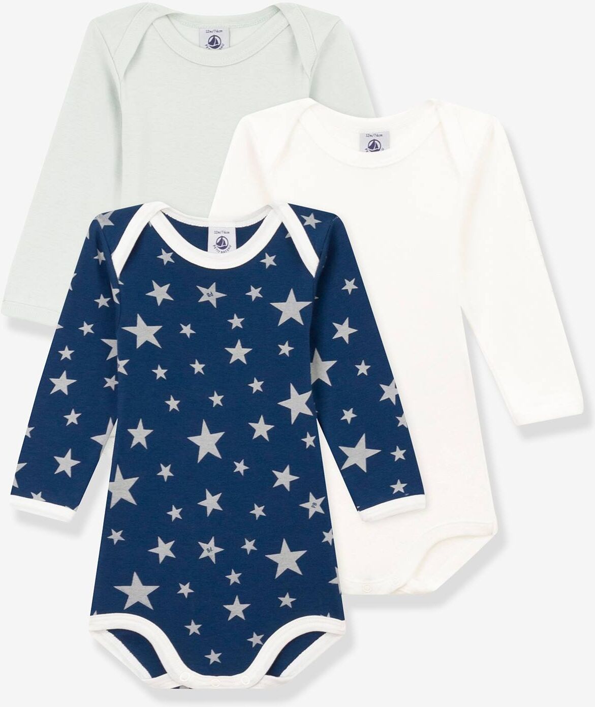 Pack de 3 bodies de manga larga con estrellas fosforescentes - PETIT BATEAU blanco