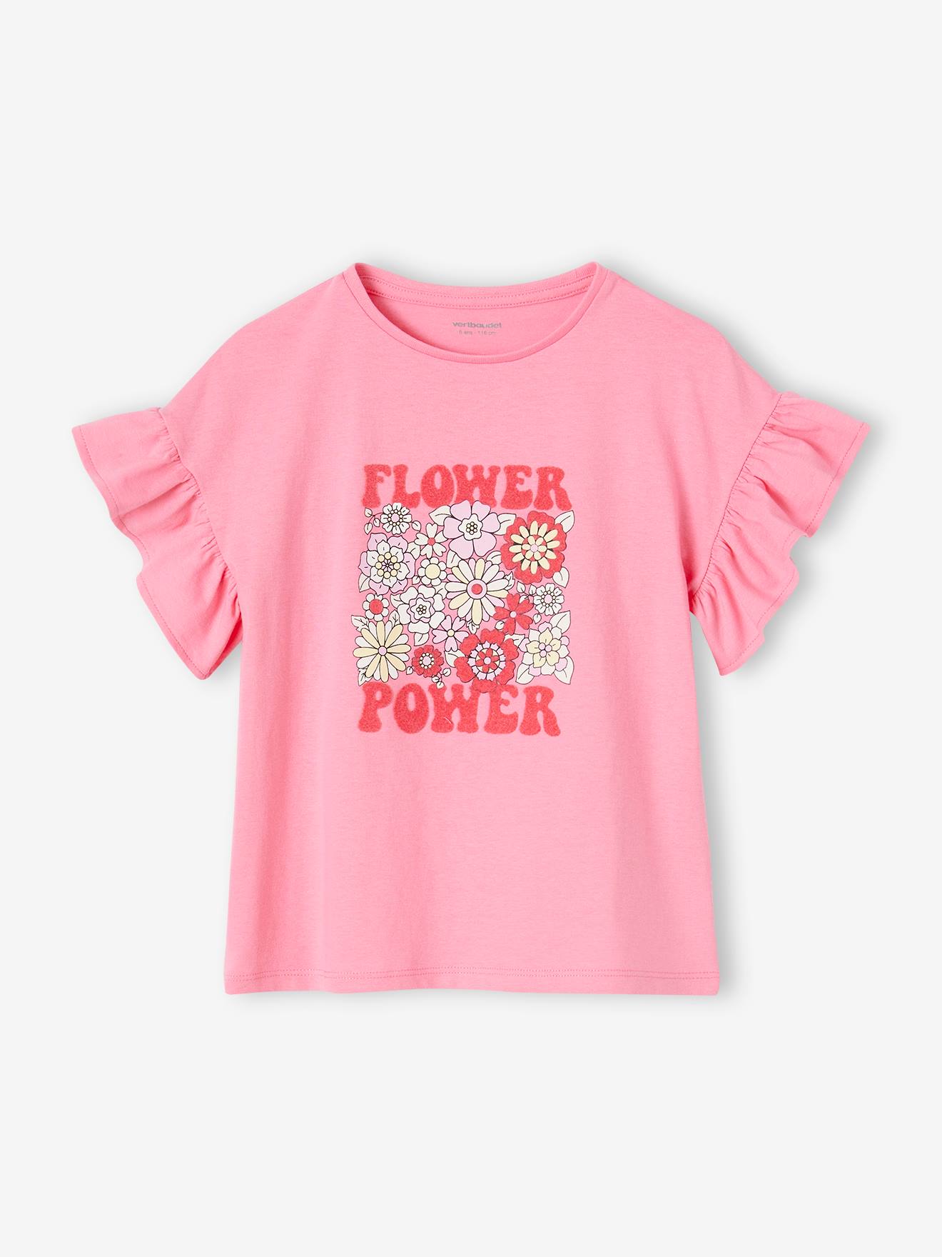 VERTBAUDET Camiseta "Flower Power" con volantes en las mangas para niña rosa chicle