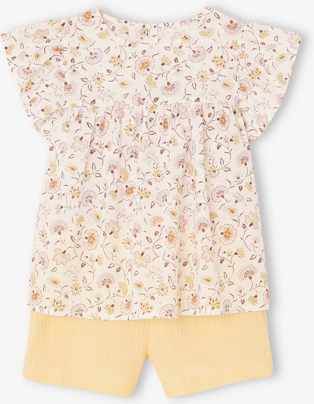 VERTBAUDET Conjunto blusa de flores y short de gasa de algodón para niña amarillo pastel