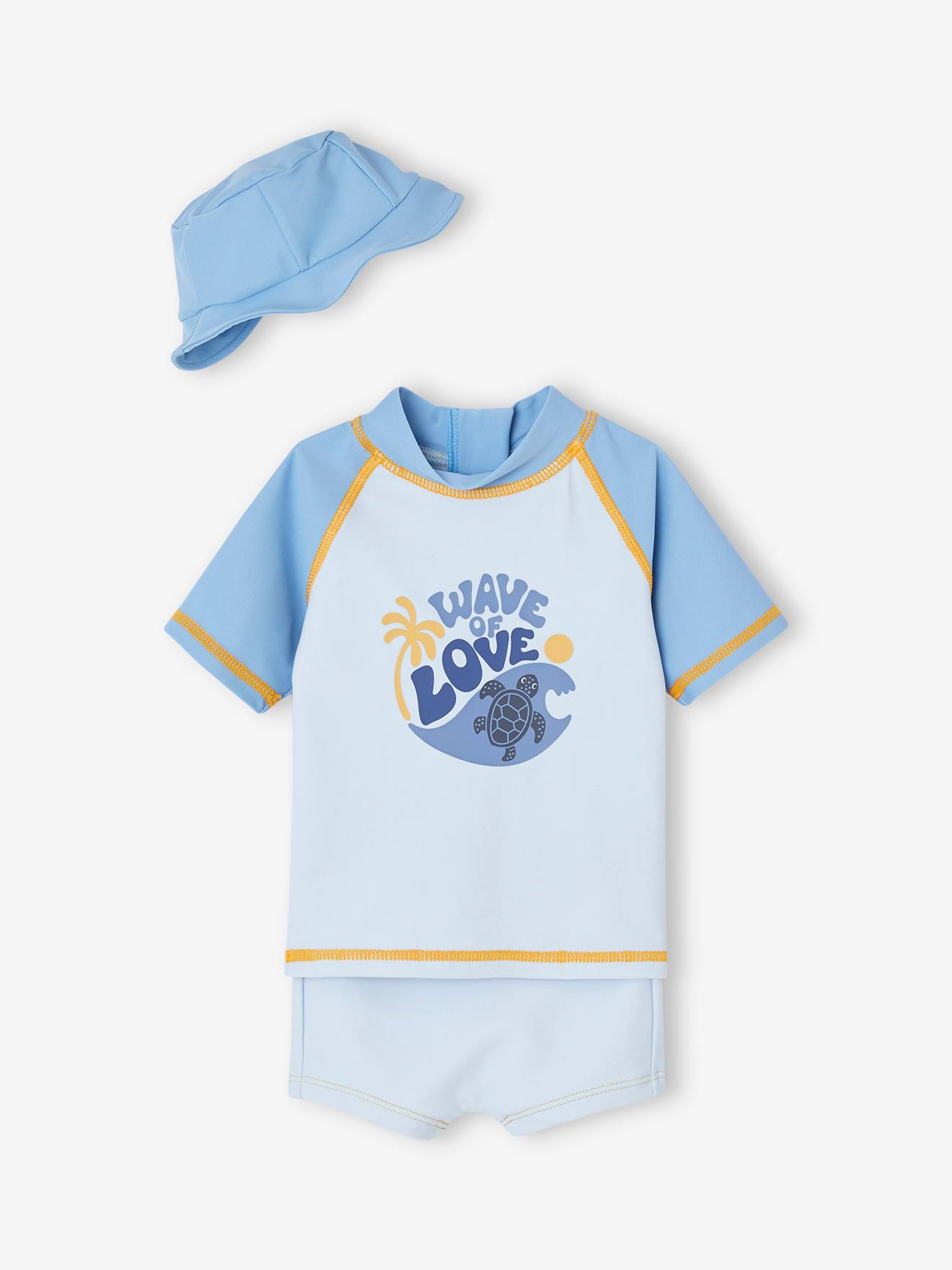 VERTBAUDET Conjunto de baño anirrayos UV camiseta + braguita + sombrero bob bebé niño azul océano